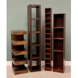 MAHOGANY EFFECT & HARDWOOD SHELVING UNITS x 4, 212cms H, 35cms W, 38cms D, the largest / tallest
