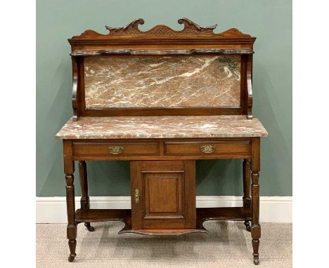 EXCELLENT CIRCA 1910 MARBLE TOP MAHOGANY WASHSTAND, the pink marble splashback with shaped top rail and front shelf over a pi