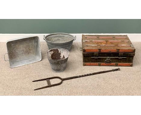 GALVANISED METALWARE, steamer trunk, cast iron implement, a mixed parcel, the metalware and wooden banded steamer trunk with 