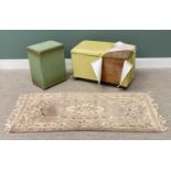 VINTAGE PINE OTTOMAN, LOOM-STYLE LINEN BOX & CHINESE WASHED WOOLEN RUG, 51cms H, 80cms W, 43cms D,