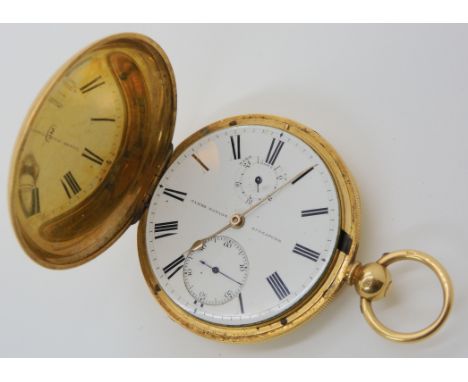 AN 18CT GOLD FULL HUNTER POCKET WATCH both the dial and the mechanism are signed James Motion Singapore. The white enamel dia