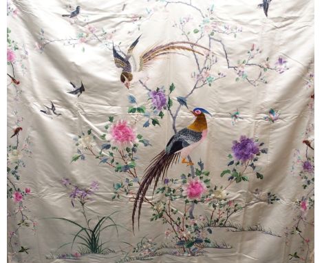 KAM SUN CO SILK BED COVERS The cream silk and brightly coloured bed spread woven with exotic birds amongst peonies, chrysanth