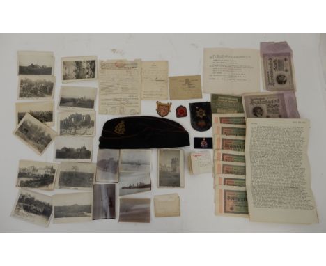 A WWI ROYAL ARMY ORDNANCE CORP. FORAGE CAP WITH BADGE an enamel lapel badge and a small collection of relevant ephemera and p