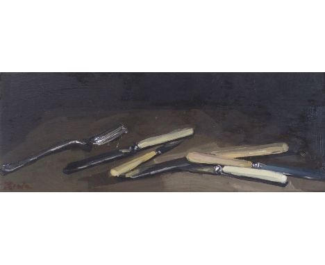 •SERENA ROWE (SCOTTISH CONTEMPORARY) KNIVES AND A FORK Oil on panel, signed, 18 x 47cm (7 x 18 1/2") Signed and inscribed wit