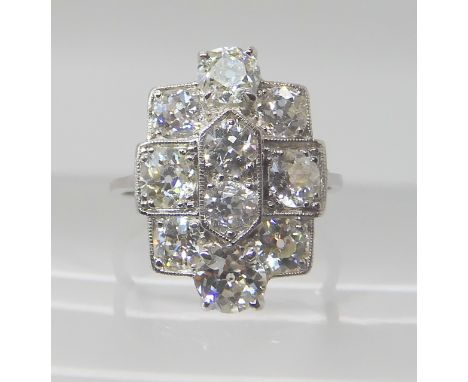 A WHITE METAL DIAMOND PLAQUE RING set with estimated approx 2.11cts of diamonds to the classic galleried mount, dimensions of