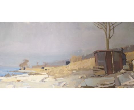 •DOROTHY STEEL (SCOTTISH 1927-2002) BEACH HUT Oil on canvas, signed verso, 38 x 76cm (15 x 30") Provenance - The Estate of th