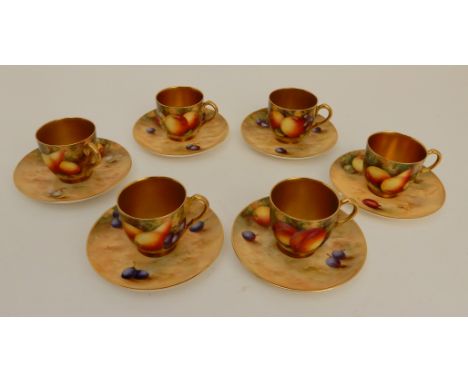 A SET OF ROYAL WORCESTER DEMITASSE CUPS AND SAUCERS comprising five fruit painted cups and saucers by H. Ayrton and another c