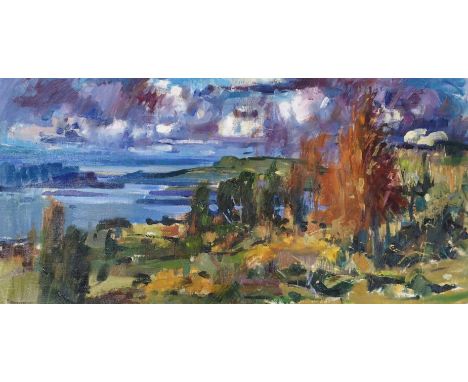 •JOHN CUNNINGHAM RGI (SCOTTISH 1926-1998) LOCH DUNVEGAN Oil on canvas, signed, 51 x 101.5cm (20 x 40") Signed and inscribed w
