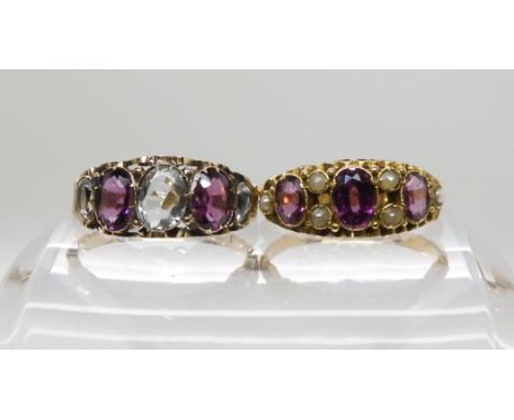 TWO VICTORIAN GEM SET RINGS a 15ct gold garnet and aquamarine example in scrolled mount bearing partial hallmarks for 1869, f