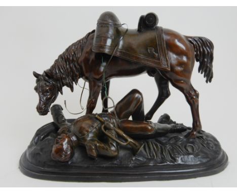AFTER PAUL LOUIS EMILE LOISEAU-ROUSSEAU (FRANCE 1861-1927) a patinated spelter figure of a horse, standing over an injured so