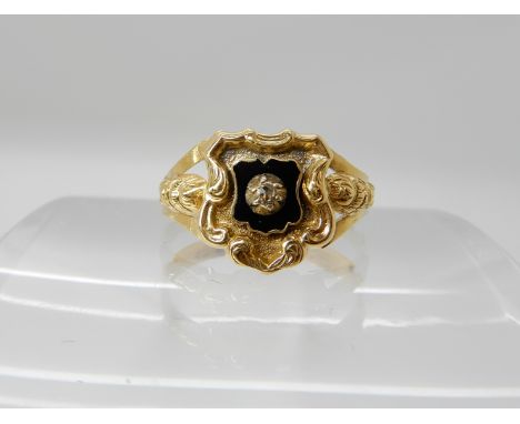 AN 18CT GOLD VICTORIAN MOURNING RING with black enamel and a rose cut diamond, hallmarked Birmingham 1861, finger size N, wei