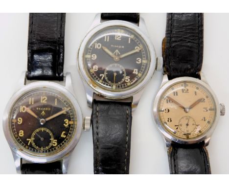 THREE MILITARY STAINLESS STEEL WATCHES the smaller of the three has a cream dial, black Arabic numerals, a subsidiary seconds