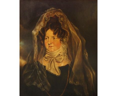 BRITISH SCHOOL (19TH CENTURY) PORTRAIT OF A LADY IN A LACE MANTILLA Oil on canvas, 76 x 63.5cm (30 x 25") Condition Report: T