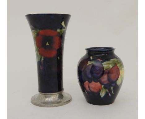 WILLIAM MOORCROFT FOR LIBERTY TUDRIC MOUNTED PANSY VASE of trumpet form, the base marked with numbers 01310, 16cm high, toget