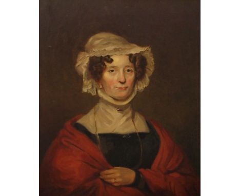 SCOTTISH SCHOOL (19TH CENTURY) PORTRAIT OF A LADY WITH A LACE BONNET Oil on canvas, 76 x 64cm (30 x 25") Condition Report: Fi