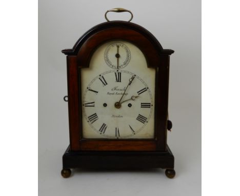 A MID 19TH CENTURY MAHOGANY BRACKET CLOCK French - Royal Exchange, London, the arched case with fitted brass handle, the whit