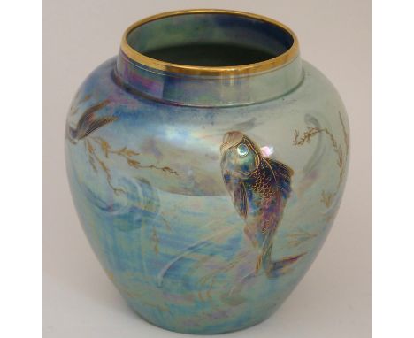 A WALTER SLATER FOR SHELLEY VASE the iridescent pale blue ground decorated with blue fish, highlighted in gilt, with printed 