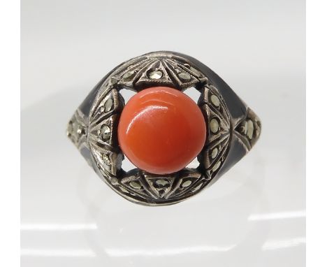 A SILVER AND GOLD ART DECO RING stamped A. Sch for Albert Scharning of Norway 585 for 14k, set with marcasite and coral with 