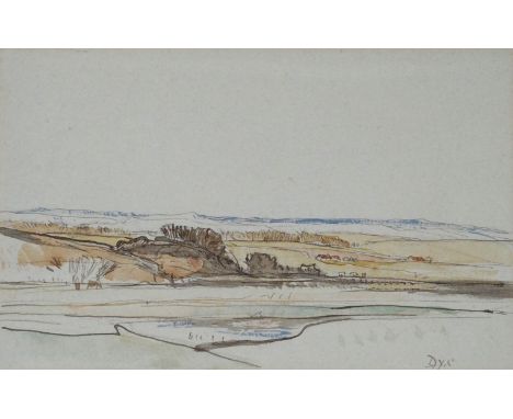 SIR DAVID YOUNG CAMERON RA, RSA, RWS, RSW, RE (SCOTTISH 1865-1945) A LANDSCAPE VIEW TOWARDS RIVER AND HILLS Ink and watercolo