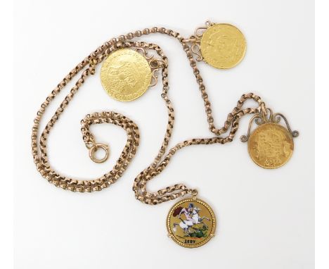 A 9CT GOLD CHAIN WITH FOUR ATTACHED GOLD COINS to include a 1894 South African one pond coin, an 1832 William IIII, Gulielmus