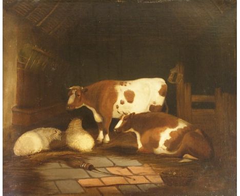 BRITISH SCHOOL (19TH CENTURY) SHEEP AND CATTLE IN A BARN Oil on canvas, 50.5 x 61cm (19 3/4 x 24") Condition Report: There is
