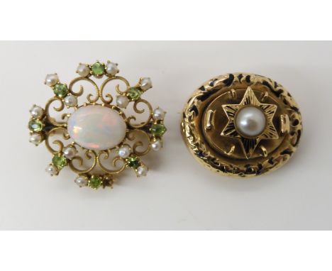 TWO VINTAGE BROOCHES a yellow metal filigree example set with a white opal, demantoid garnets and pearls, 2.2cm x 2.4cm, weig