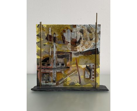Marjory Peart (British, Contemporary), a Fused Glass Panel with Metal Oxides, mounted in a stand with slate base. Panel 30cm 