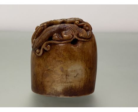 A Chinese soapstone seal, oval, carved in relief with a dragon, and bearing an inscription to one side. 7cm by 6cm by 4.75cm