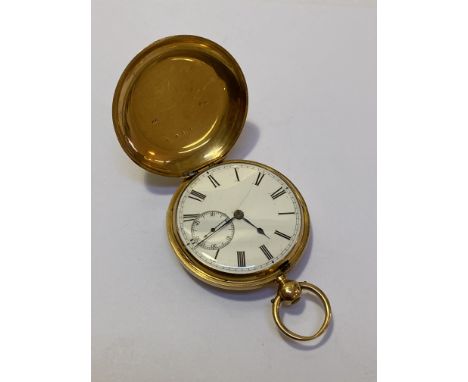An 18ct gold full hunter pocket watch, the white enamel dial with Roman numerals and subsidiary seconds dial, key wind moveme