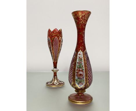 Two Bohemian overlay glass vases, third quarter of the 19th century, one of slender baluster form, the other of tulip form, e