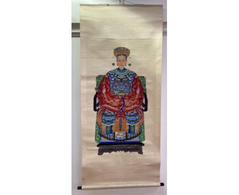A Chinese ancestor portrait, Qing Dynasty, 19th century, depicting the wife of a Civil Official of the Eighth Rank, portrayed