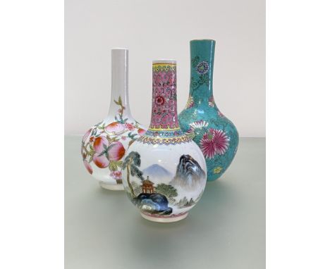 Three Chinese porcelain bottle vases: the first painted with flowers and water lilies against a turquoise ground, unmarked (h