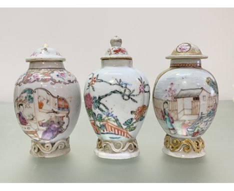 Three Chinese porcelain famille rose tea caddies, late 18th century, one of shaped ovoid form painted with a flowering tree a