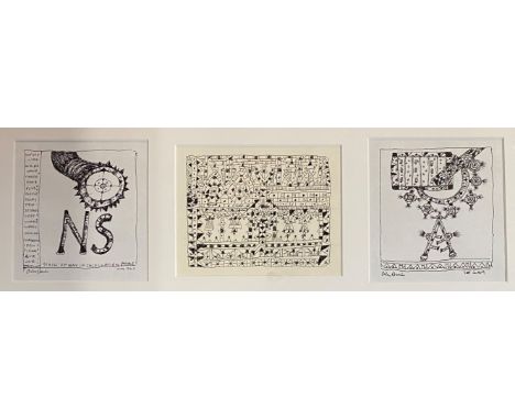 •Alan Davie C.B.E., R.A., H.R.S.A. (British, 1920-2014), Scientific Instruments, three pen and ink drawings, framed as one, t