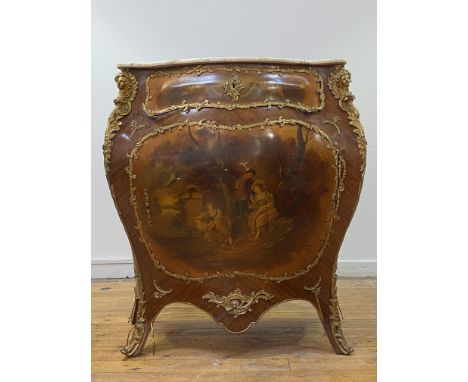 A monumental late 19th century French Kingwood bombe commode, the moulded marble top of serpentine outline over drawer, cupbo