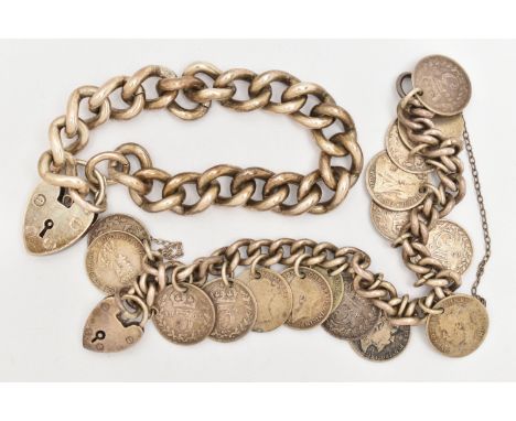 TWO SILVER BRACELETS, the first a large curb link bracelet fitted with a heart padlock clasp, links stamped with sterling mar