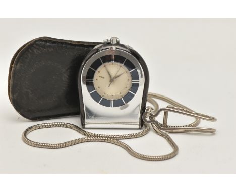 A 'JAEGAR-LE COULTRE' FOB WATCH WITH CHAIN, manual wind watch, round silver dial with baton markers, within a black and chrom