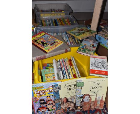 FIVE BOXES OF BOOKS, to include vintage Rupert annuals, Dennis the Menace, Bimbo, Jackie, etc, vintage adventure story books,