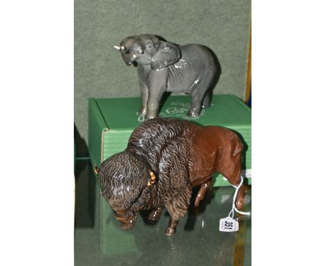 A BOXED BESWICK ELEPHANT AND A BESWICK BISON FIGURE, comprising Elephant - Trunk Stretching - Small, model no 974, and Bison,