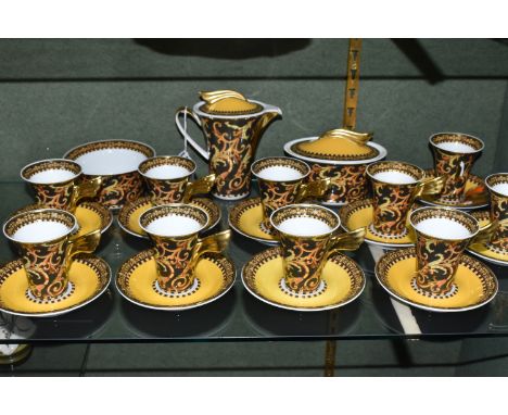 A TWENTY THREE PIECE ROSENTHAL VERSACE 'BAROCCO' PART COFFEE SET, with gilt wing-style finials and handles, decorated with an