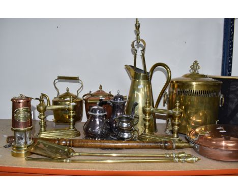 A GROUP OF METALWARES to include a Welsh-made miners lamp with a plaque from the Aberaman Colliery, a brass kettle and a copp