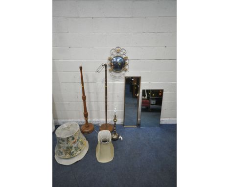 A RECTANGULAR GILT FRAME WALL MIRROR, 120cm x 34cm, three other wall mirrors, two standard lamps, and a table lamp, all with 