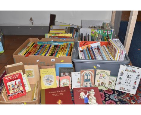 FIVE BOXES OF BOOKS to include a box of vintage Beano and Dandy annuals covering 1960s - 2000s, a large quantity of vintage c