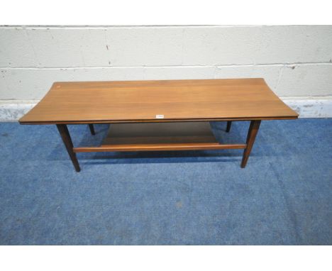 POSSIBLY RICHARD HORNBY FOR FYNE LADYE, A MID CENTURY TEAK AFROMOSIA COFFEE TABLE, with concave ends, raised on square tapere