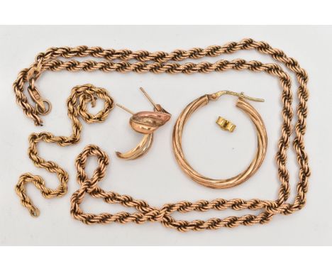 AN ASSORTMENT OF 9CT GOLD AND YELLOW METAL, to include an AF yellow gold rope chain, hallmarked 9ct, a single yellow gold hoo