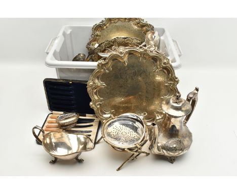A BOX OF ASSORTED WHITE METAL TABLEWARE, to include two trays, a table lighter, a cased set of butter knives, a coffee and te