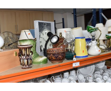 A QUANTITY OF TABLE LAMPS, WALL CLOCK, STORAGE BOXES, GLOBE AND OTHER LARGE HOME WARES, to include two desk lamps with green 