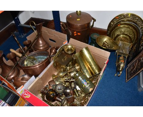 TWO BOXES AND LOOSE METALWARES to include two pieces of etched trench art shells with 'Egypt Lincolnshire Roisel' scratched i