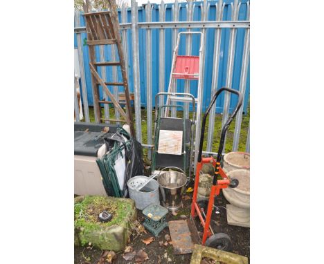 A COLLECTION OF STEP LADDERS AND METALWARE including one wooden and three metal step ladders, three folding garden chairs, a 