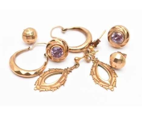 FOUR PAIRS OF EARRINGS, to include a pair of circular cut amethyst studs in textured surrounds, to the post and scroll fittin